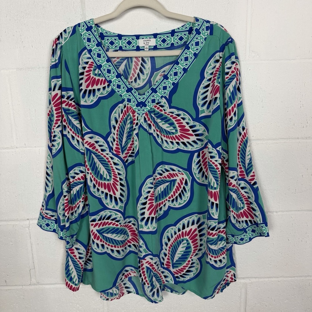 Crown‎ & Ivy Woman Popover Top Plus Size 2X Tropical Leaf Resort Office Beach